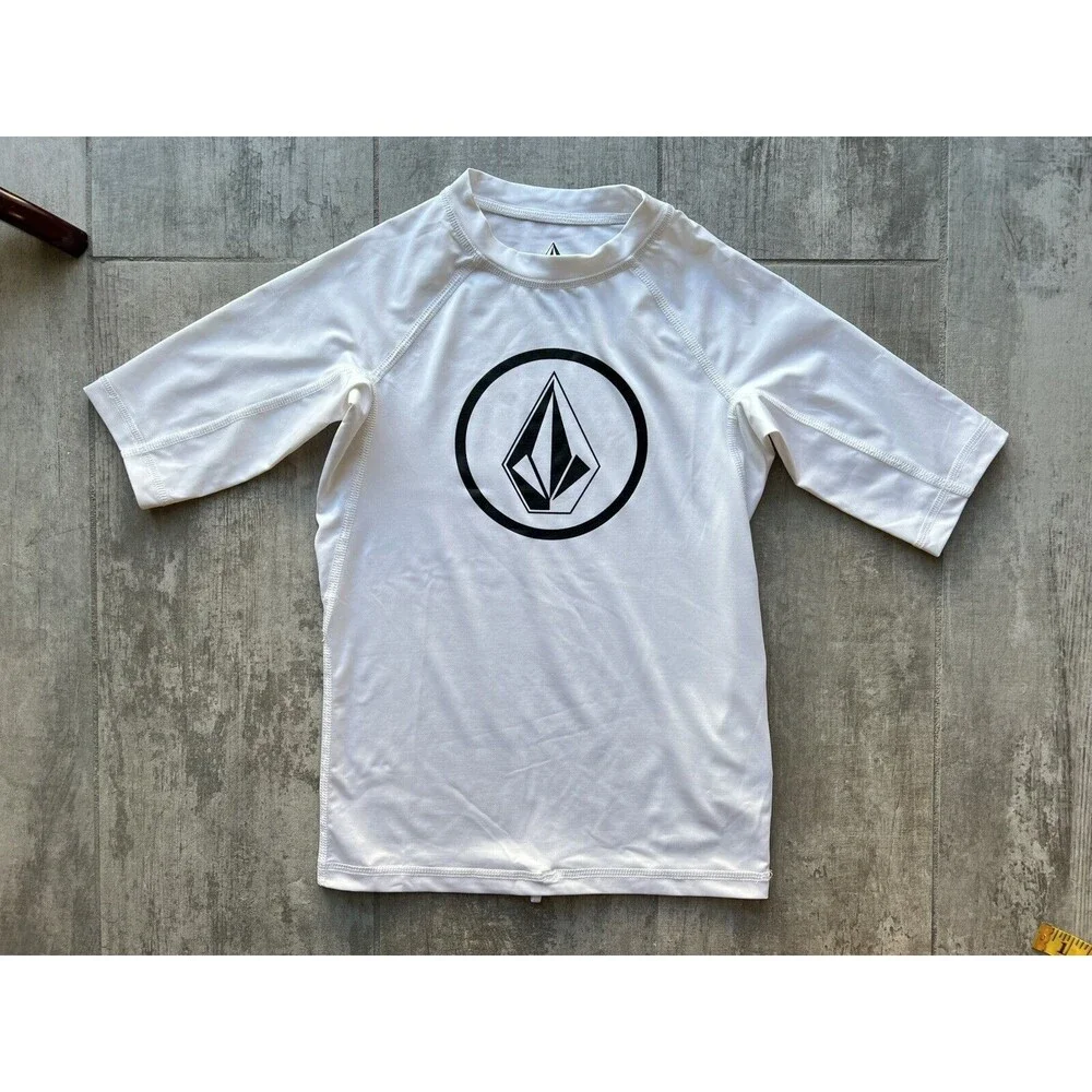 VOLCOM Boys Youth LIDO White Short Sleeve Rashguard Sun Protection UPF 50+ M 10